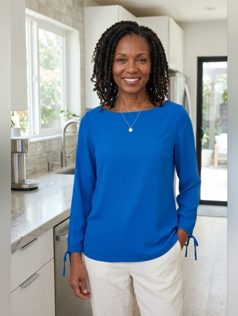 Eileen Fisher Silk Georgette Crepe Boatneck NWT Top Tie Wrists in Lapis, Size PP